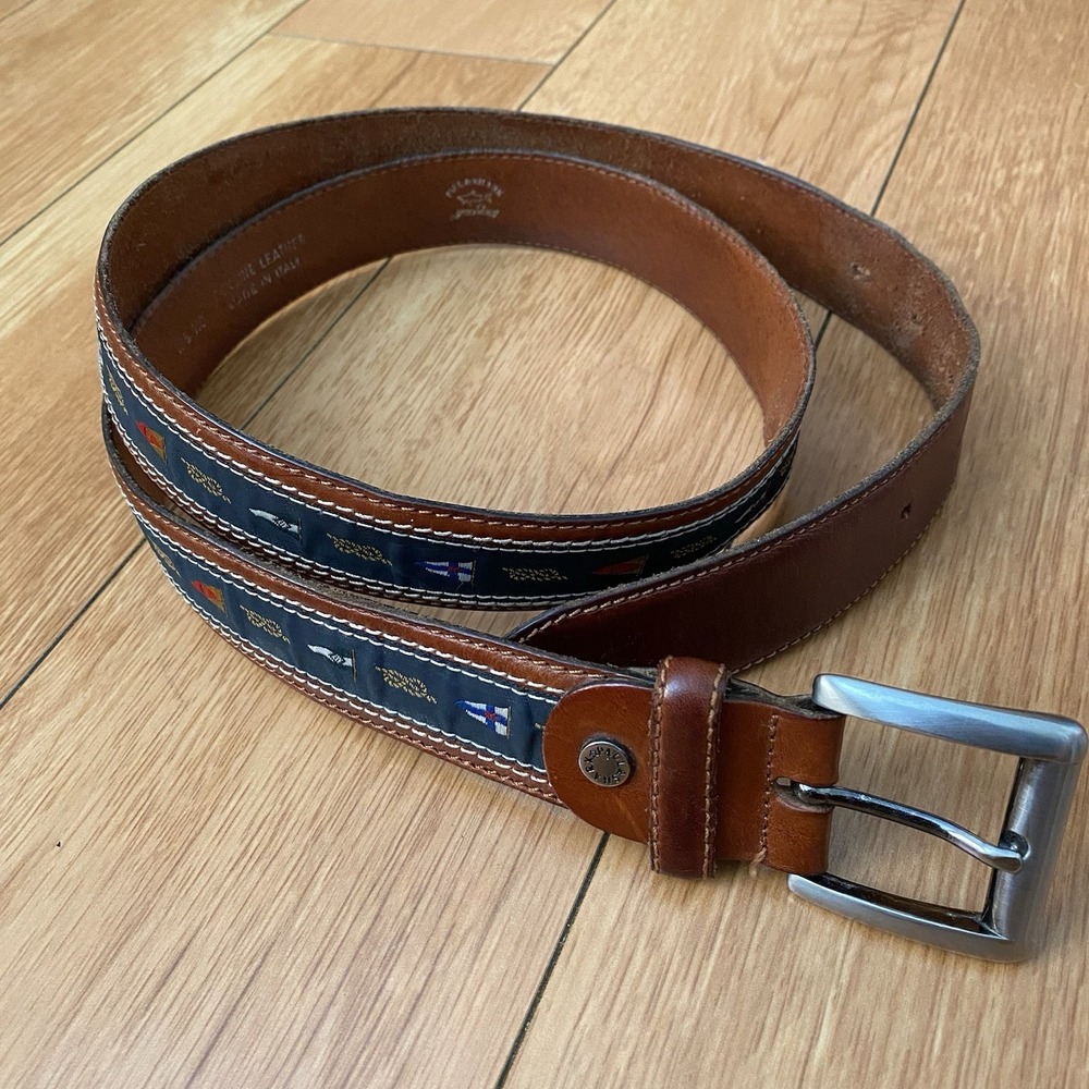 Paul & Shark Yachting Leather Belt Brass Buckle Flags Navy Mens Made In Italy
